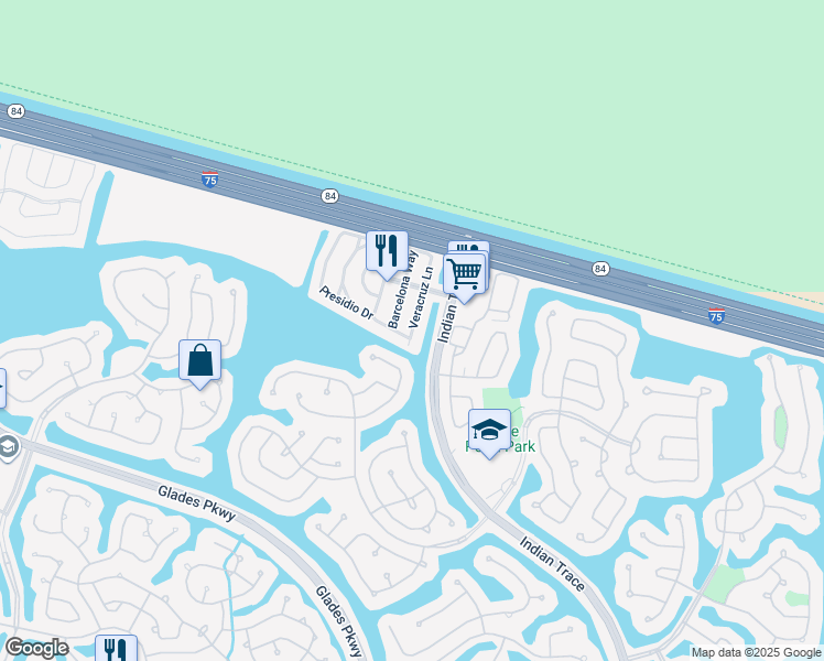 map of restaurants, bars, coffee shops, grocery stores, and more near 1418 Barcelona Way in Weston