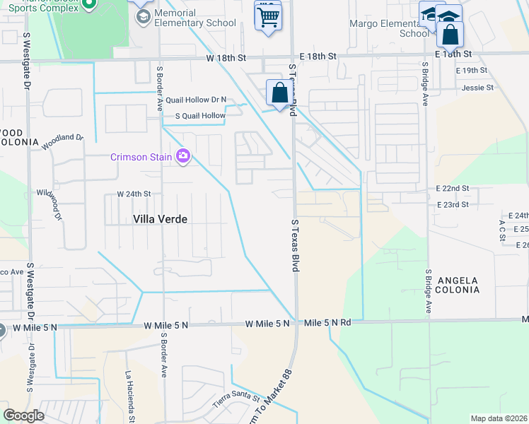 map of restaurants, bars, coffee shops, grocery stores, and more near 309 Crosswinds Circle Drive in Weslaco