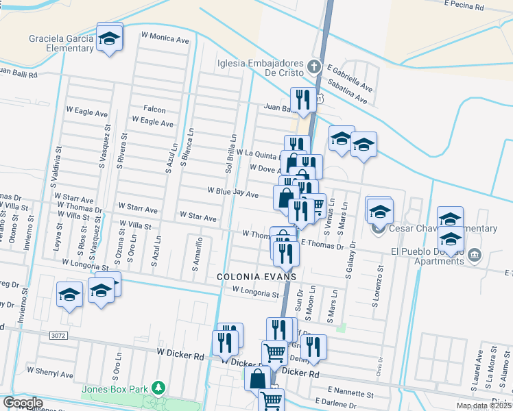 map of restaurants, bars, coffee shops, grocery stores, and more near 127 West Blue Jay Avenue in Pharr