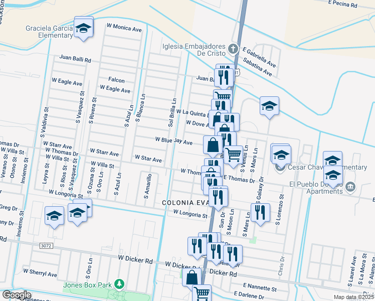 map of restaurants, bars, coffee shops, grocery stores, and more near 127 West Blue Jay Avenue in Pharr