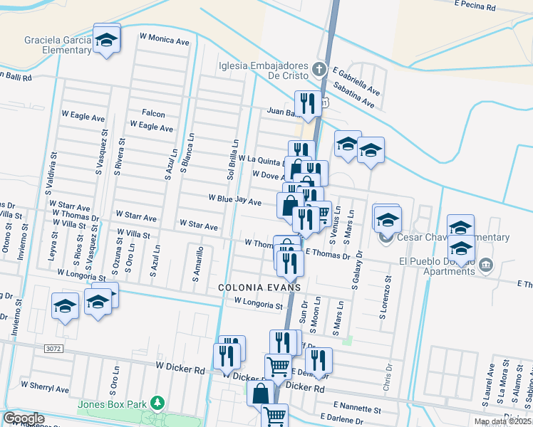 map of restaurants, bars, coffee shops, grocery stores, and more near 127 West Blue Jay Avenue in Pharr