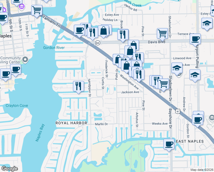 map of restaurants, bars, coffee shops, grocery stores, and more near 2030 Monroe Avenue in Naples