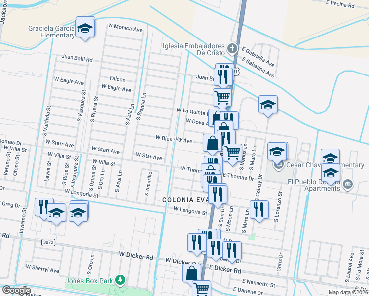 map of restaurants, bars, coffee shops, grocery stores, and more near 127 West Blue Jay Avenue in Pharr