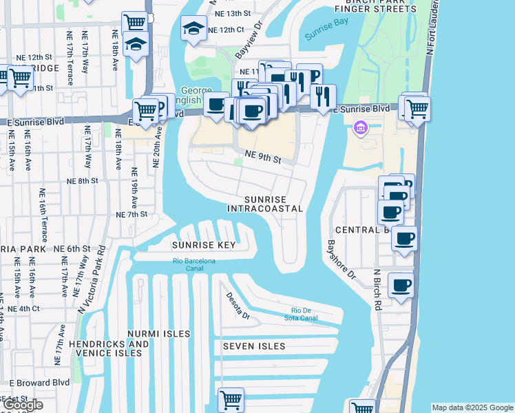 map of restaurants, bars, coffee shops, grocery stores, and more near 671 Middle River Drive in Fort Lauderdale