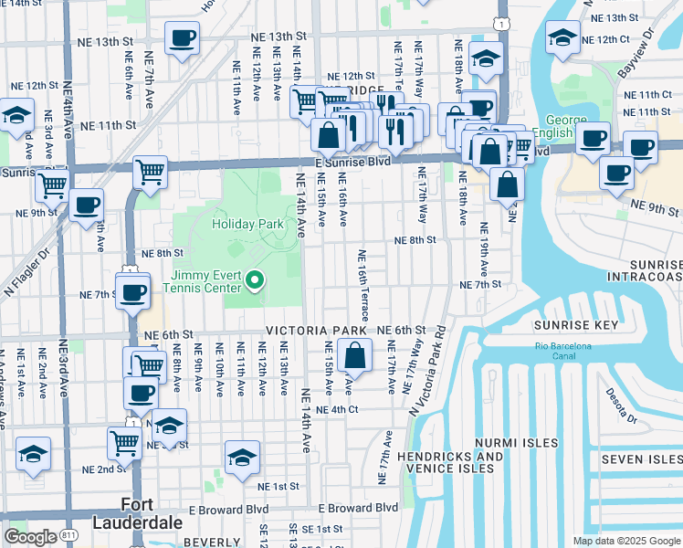 map of restaurants, bars, coffee shops, grocery stores, and more near 725 Northeast 16th Terrace in Fort Lauderdale