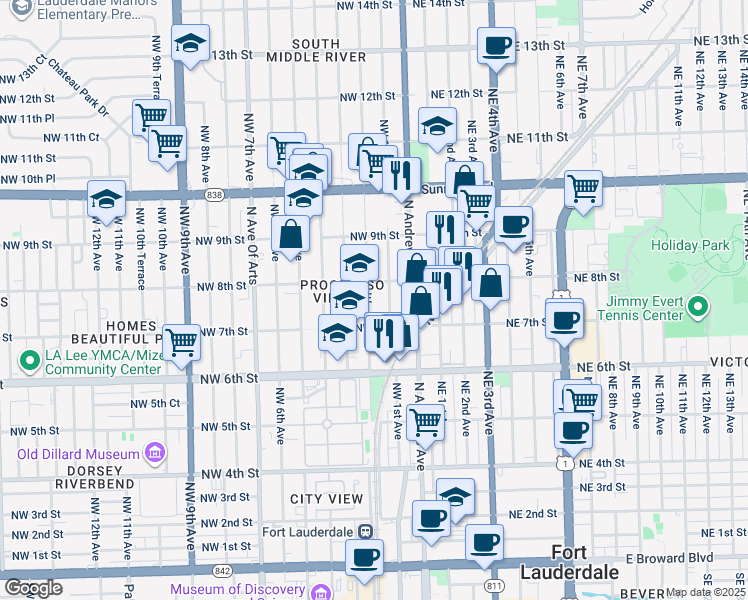map of restaurants, bars, coffee shops, grocery stores, and more near 100 Northwest 8th Street in Fort Lauderdale