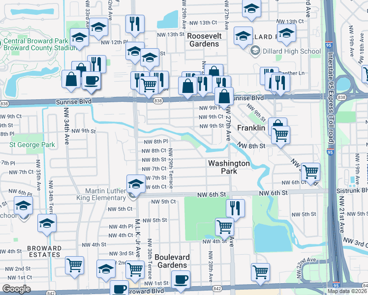 map of restaurants, bars, coffee shops, grocery stores, and more near 2848 Northwest 8th Road in Fort Lauderdale