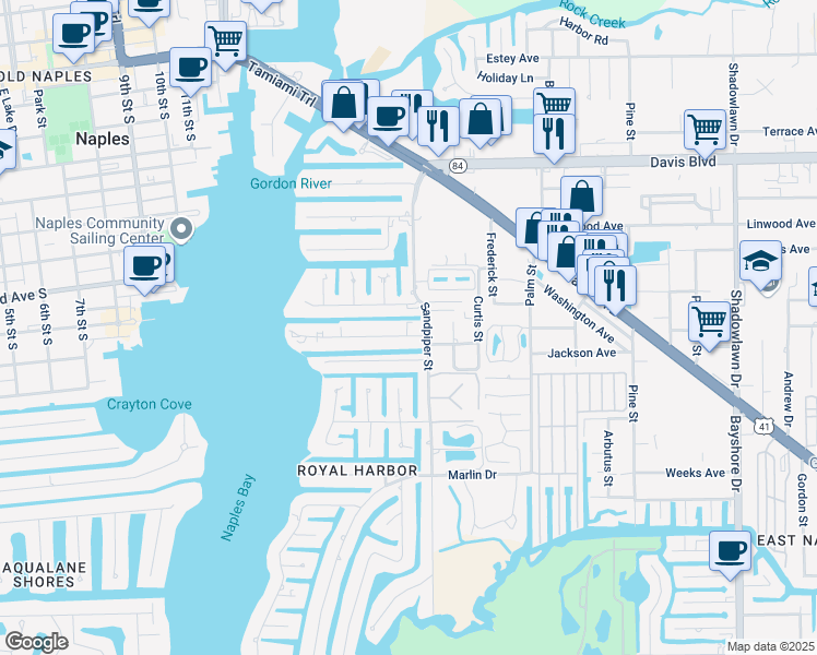 map of restaurants, bars, coffee shops, grocery stores, and more near 1686 Blue Point Avenue in Naples