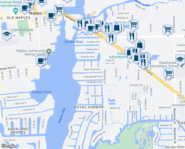 map of restaurants, bars, coffee shops, grocery stores, and more near 1540 Blue Point Avenue in Naples