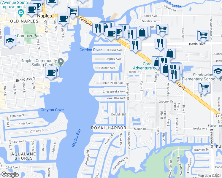 map of restaurants, bars, coffee shops, grocery stores, and more near 1540 Blue Point Avenue in Naples