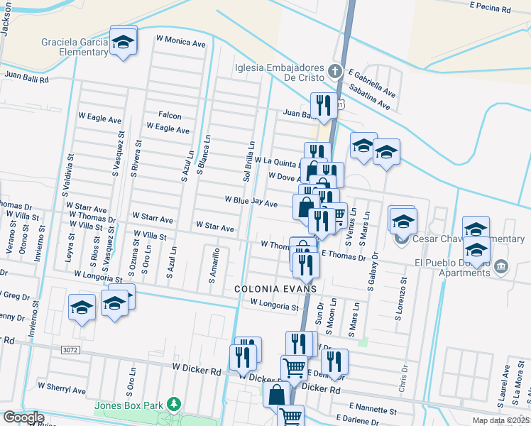 map of restaurants, bars, coffee shops, grocery stores, and more near 127 West Blue Jay Avenue in Pharr