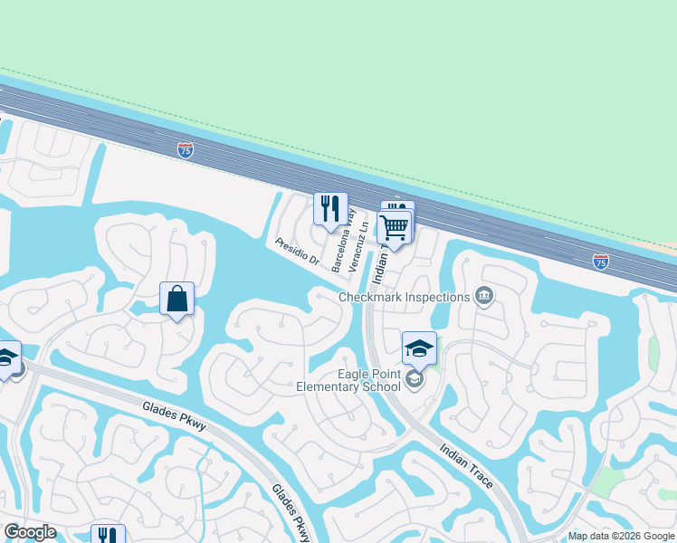 map of restaurants, bars, coffee shops, grocery stores, and more near 1418 Barcelona Way in Weston