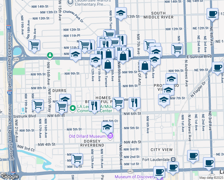 map of restaurants, bars, coffee shops, grocery stores, and more near 735 Northwest 10th Avenue in Fort Lauderdale