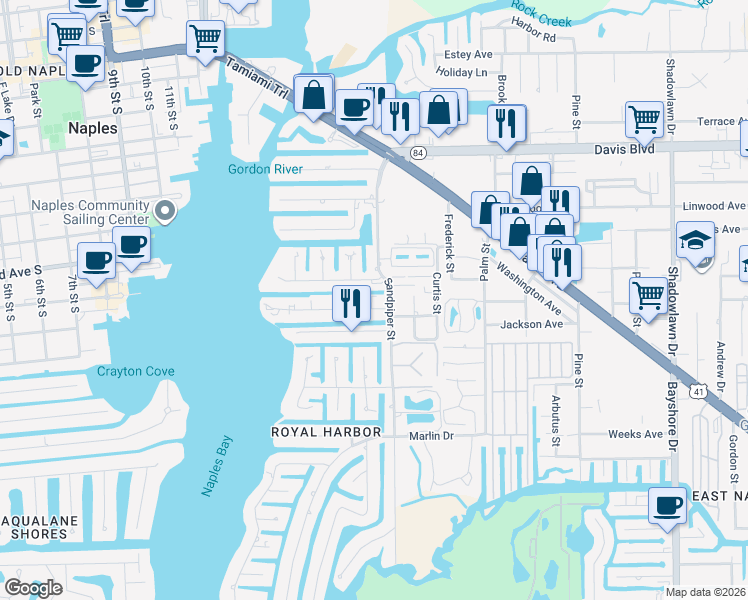 map of restaurants, bars, coffee shops, grocery stores, and more near 1686 Blue Point Avenue in Naples