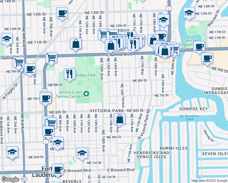 map of restaurants, bars, coffee shops, grocery stores, and more near 726 Northeast 15th Avenue in Fort Lauderdale