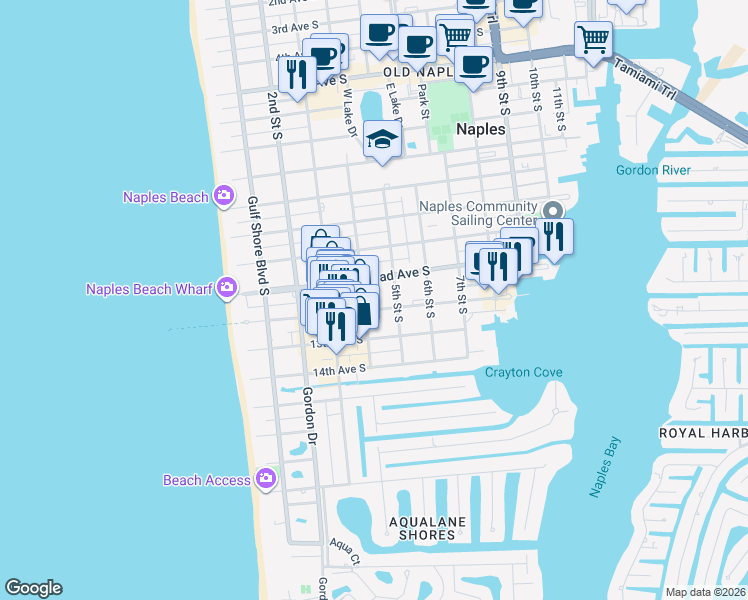 map of restaurants, bars, coffee shops, grocery stores, and more near 438 Broad Avenue South in Naples