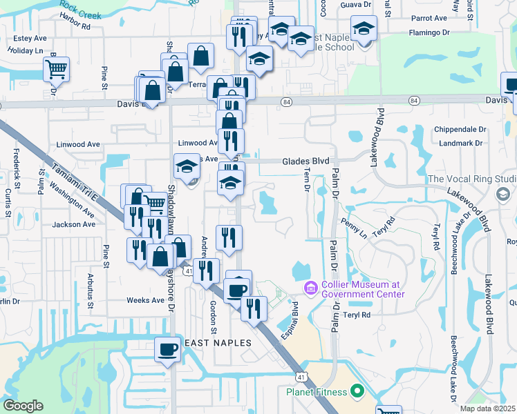 map of restaurants, bars, coffee shops, grocery stores, and more near 2155 Great Blue Drive in Naples