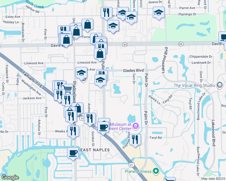 map of restaurants, bars, coffee shops, grocery stores, and more near 2155 Great Blue Drive in Naples