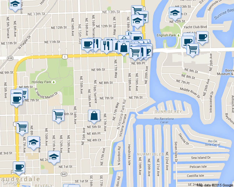 map of restaurants, bars, coffee shops, grocery stores, and more near 720 Northeast 17th Terrace in Fort Lauderdale