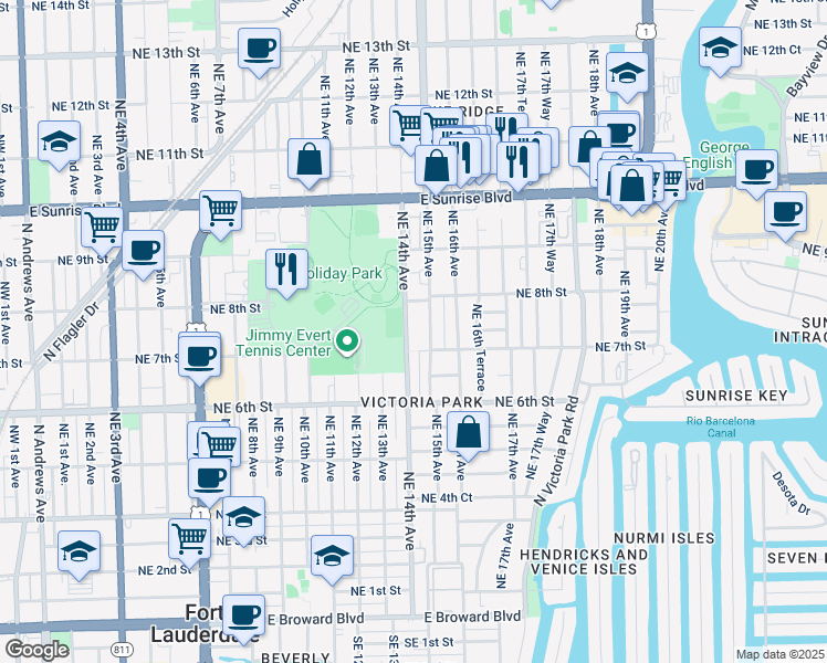 map of restaurants, bars, coffee shops, grocery stores, and more near 726 Northeast 15th Avenue in Fort Lauderdale