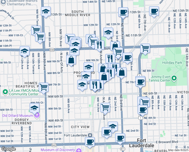 map of restaurants, bars, coffee shops, grocery stores, and more near 100 Northwest 8th Street in Fort Lauderdale
