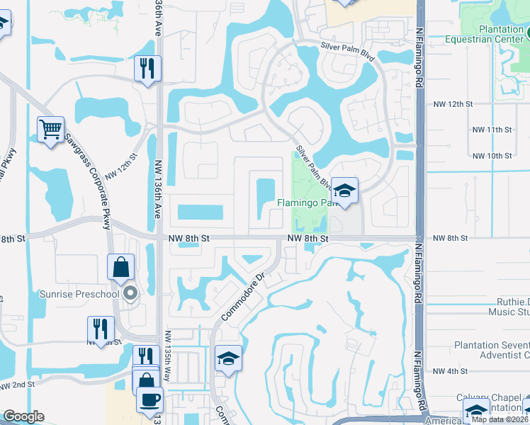 map of restaurants, bars, coffee shops, grocery stores, and more near 851 Northwest 131st Avenue in Sunrise
