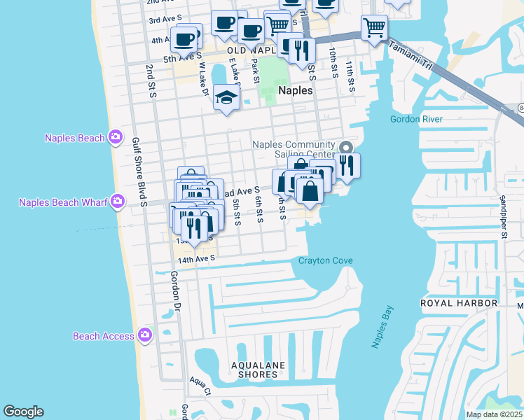map of restaurants, bars, coffee shops, grocery stores, and more near 582 Broad Avenue South in Naples