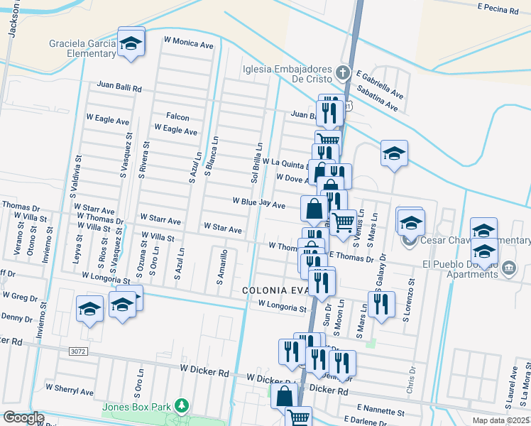 map of restaurants, bars, coffee shops, grocery stores, and more near 6401 South Sol Brilla Lane in Pharr