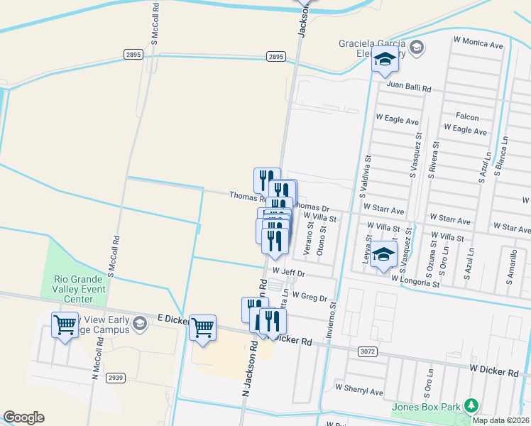 map of restaurants, bars, coffee shops, grocery stores, and more near West Thomas Drive in Pharr