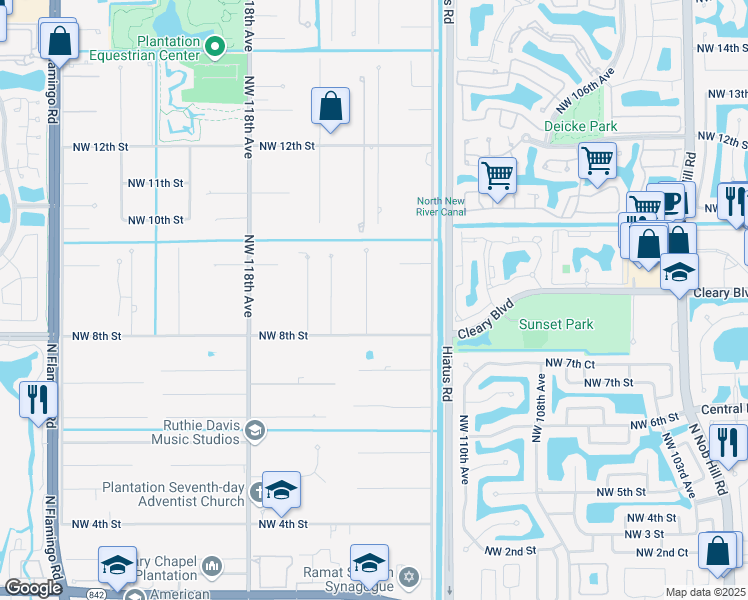 map of restaurants, bars, coffee shops, grocery stores, and more near 841 Northwest 115th Avenue in Plantation