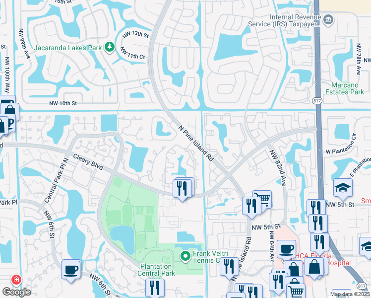 map of restaurants, bars, coffee shops, grocery stores, and more near 9000 Northwest 9th Street in Plantation