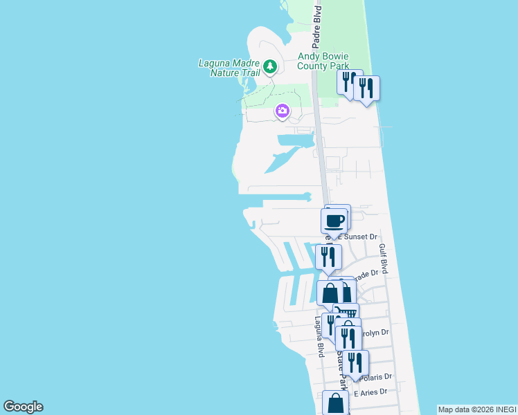 map of restaurants, bars, coffee shops, grocery stores, and more near 214 Kings Court in South Padre Island
