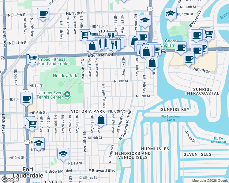 map of restaurants, bars, coffee shops, grocery stores, and more near 723 Northeast 17th Avenue in Fort Lauderdale