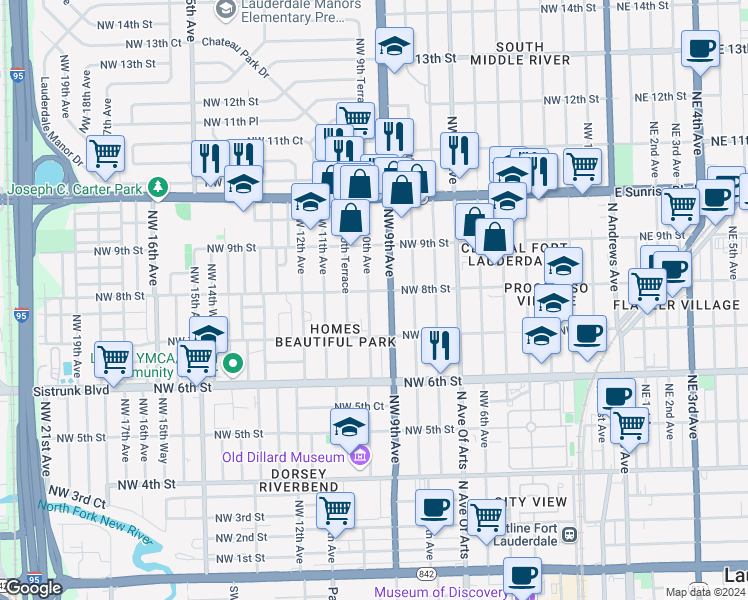 map of restaurants, bars, coffee shops, grocery stores, and more near 740 Northwest 10th Avenue in Fort Lauderdale