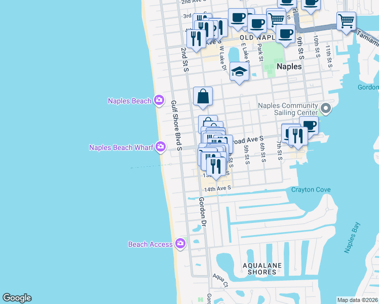map of restaurants, bars, coffee shops, grocery stores, and more near 160 Broad Avenue South in Naples