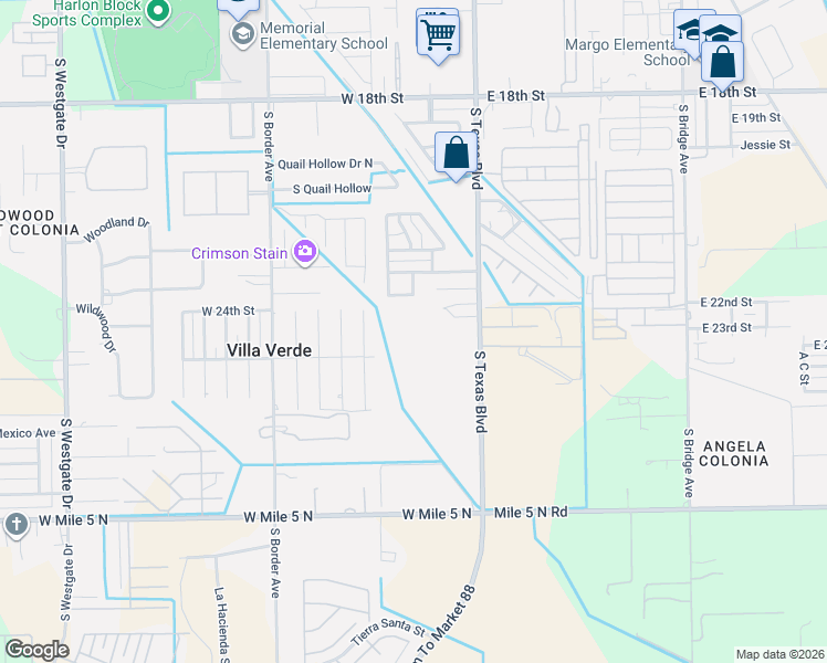map of restaurants, bars, coffee shops, grocery stores, and more near 309 Crosswinds Circle Drive in Weslaco
