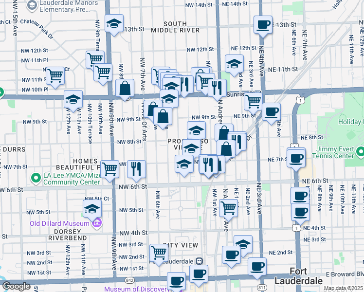map of restaurants, bars, coffee shops, grocery stores, and more near 745 Northwest 4th Avenue in Fort Lauderdale