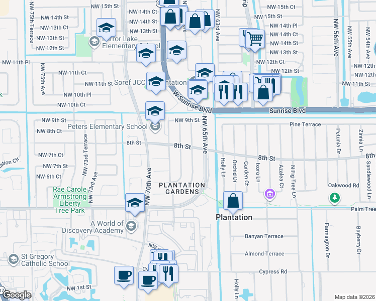 map of restaurants, bars, coffee shops, grocery stores, and more near 800 Northwest 66th Avenue in Plantation