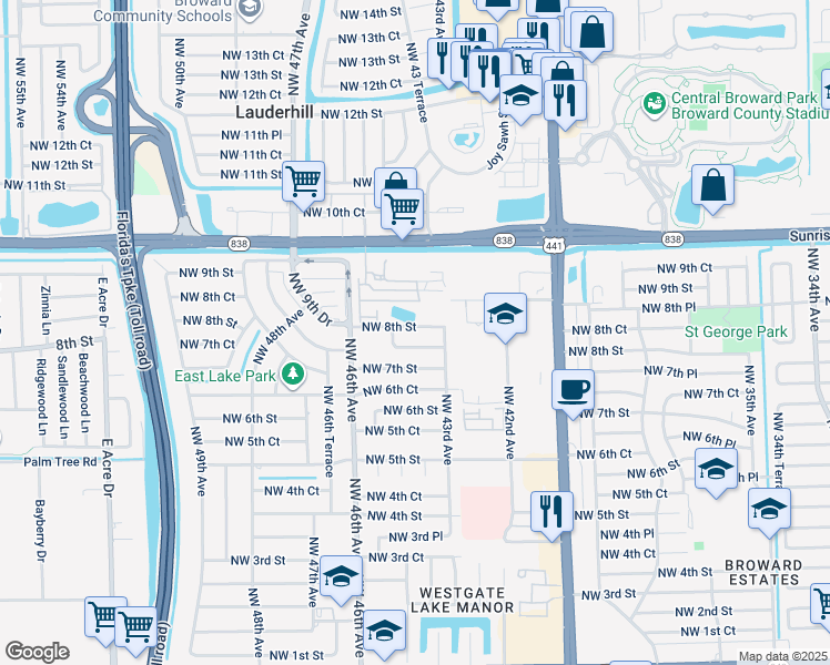 map of restaurants, bars, coffee shops, grocery stores, and more near 4400 Northwest 8th Street in Plantation
