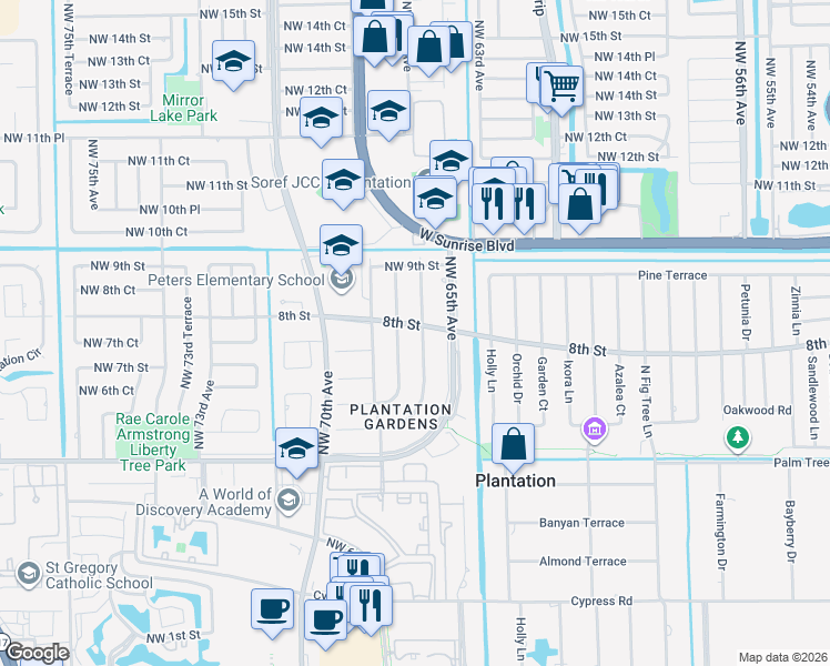 map of restaurants, bars, coffee shops, grocery stores, and more near 781 Northwest 66th Avenue in Plantation