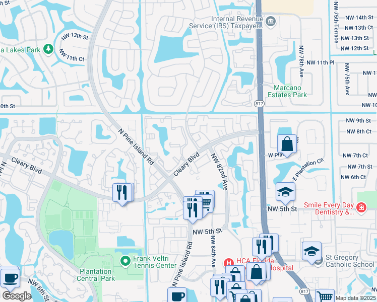 map of restaurants, bars, coffee shops, grocery stores, and more near 8501 Cleary Boulevard in Plantation