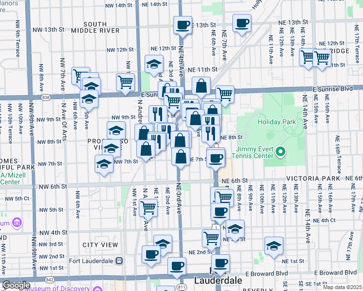 map of restaurants, bars, coffee shops, grocery stores, and more near 736 Northeast 3rd Avenue in Fort Lauderdale