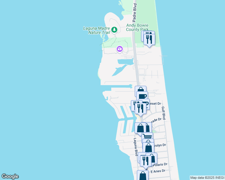 map of restaurants, bars, coffee shops, grocery stores, and more near 214 Kings Court in South Padre Island