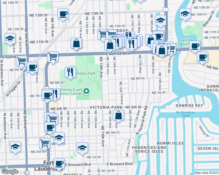 map of restaurants, bars, coffee shops, grocery stores, and more near 726 Northeast 15th Avenue in Fort Lauderdale