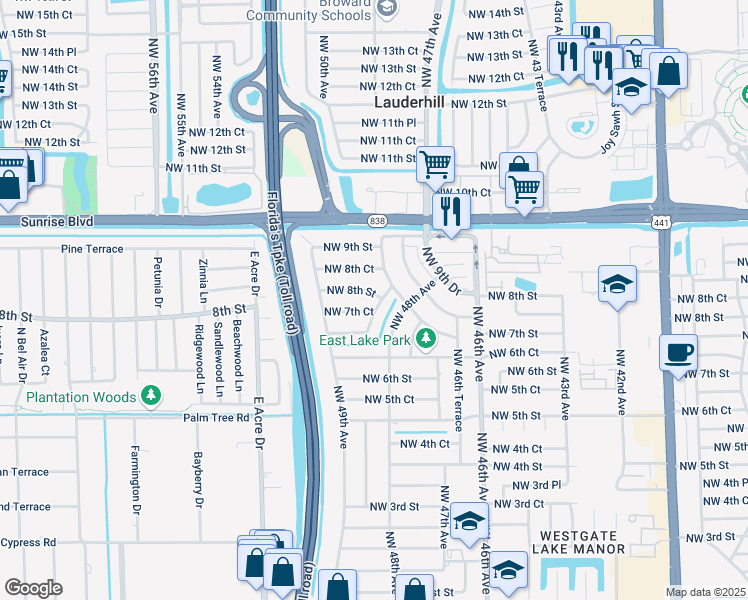 map of restaurants, bars, coffee shops, grocery stores, and more near 4836 Northwest 8th Street in Plantation