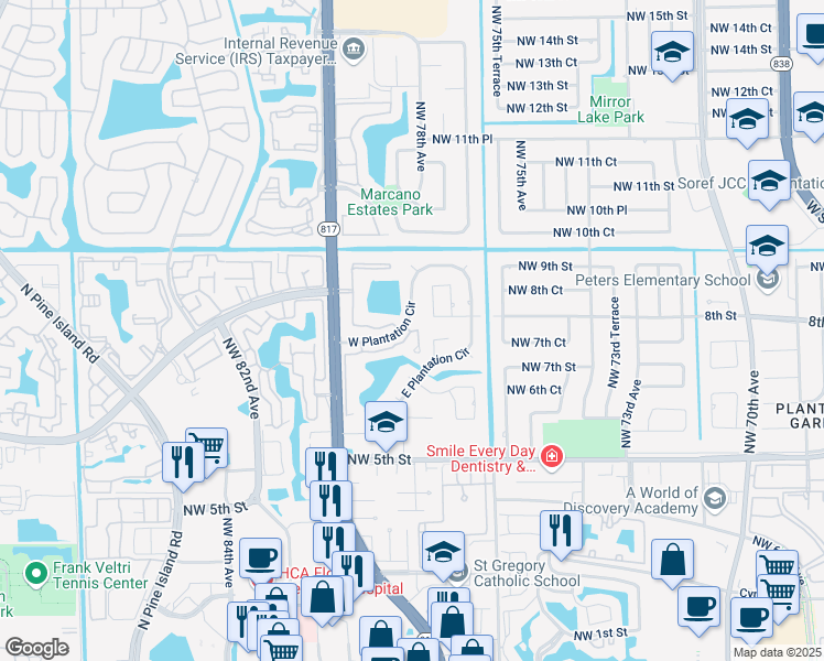 map of restaurants, bars, coffee shops, grocery stores, and more near 7690 Plantation Road in Plantation
