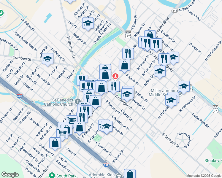 map of restaurants, bars, coffee shops, grocery stores, and more near 223 South Sam Houston Boulevard in San Benito