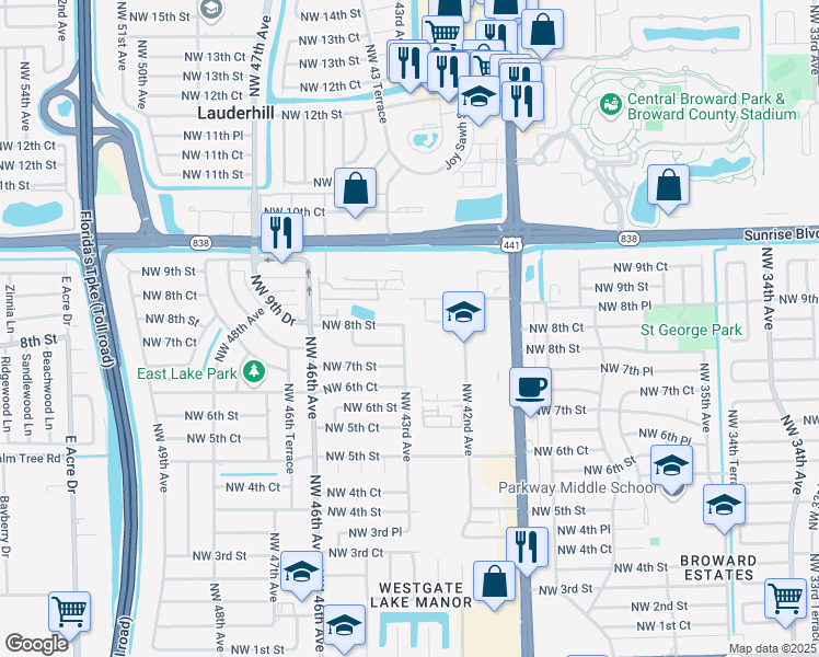 map of restaurants, bars, coffee shops, grocery stores, and more near 780 Northwest 43rd Avenue in Plantation