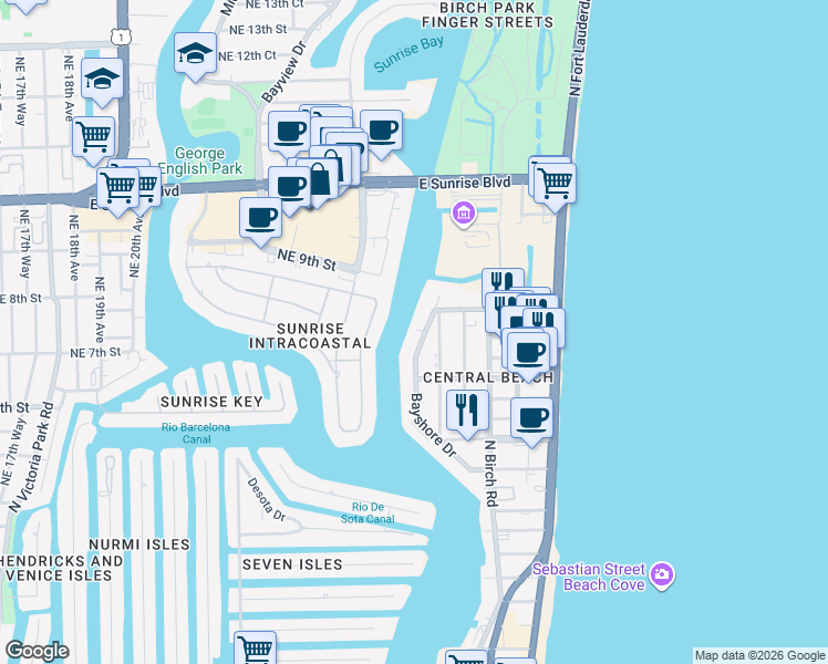 map of restaurants, bars, coffee shops, grocery stores, and more near 711 Bayshore Drive in Fort Lauderdale