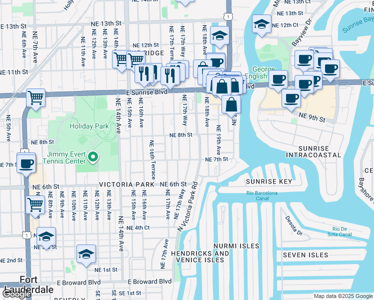 map of restaurants, bars, coffee shops, grocery stores, and more near 720 Northeast 17th Terrace in Fort Lauderdale